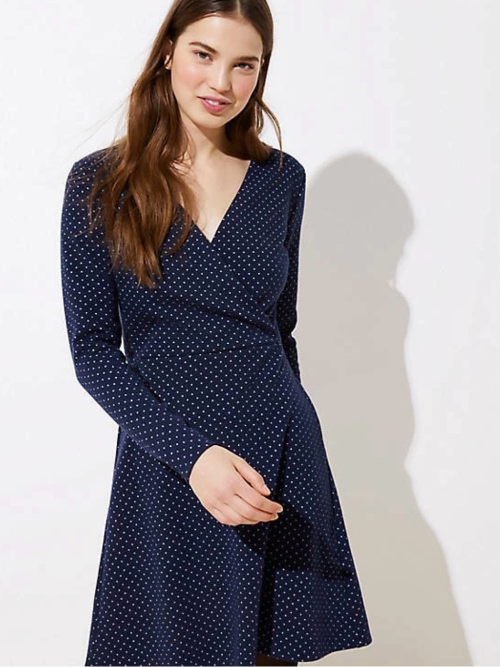 NWT LOFT Navy Blue White Polka Dot Faux Wrap Dress